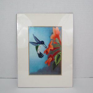 Embroidered Blue head Hummingbird eating Nectar from Orange Flowers Wall Art